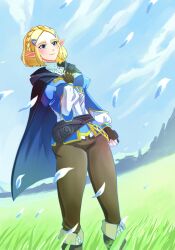 Rule 34 | 1girl, black cape, blonde hair, blue eyes, boots, braid, breasts, brown gloves, brown pants, cape, commentary request, crown braid, feathers, fingerless gloves, gloves, grass, hair ornament, hairclip, hand on own chest, highres, jin (funaki gen), medium breasts, medium hair, nintendo, pants, pointy ears, princess zelda, solo, the legend of zelda, the legend of zelda: tears of the kingdom, two-sided cape, two-sided fabric