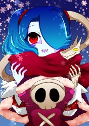Rule 34 | 1girl, blue skin, breasts, colored skin, detached sleeves, dress, female focus, hair over one eye, highres, leviathan (skullgirls), monster girl, red eyes, scarf, side ponytail, skullgirls, snow, solo, squigly (skullgirls), stitched mouth, stitches, striped, striped sleeves, upper body, zombie