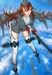 Rule 34 | 1girl, ariverkao, breasts, brown eyes, brown hair, cloud, dated, day, flying, garter straps, gun, hair between eyes, hat, large breasts, long hair, looking at viewer, military, military uniform, military vehicle, open mouth, original, personification, ship, signature, sky, solo, thighhighs, uniform, warship, water, watercraft, weapon