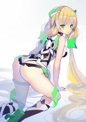 Rule 34 | 1girl, all fours, angela balzac, ass, bare shoulders, blonde hair, blush, bodysuit, breasts, fuyouchu, green eyes, hair ornament, headgear, leotard, long hair, looking at viewer, looking back, low twintails, rakuen tsuihou, solo, thigh strap, twintails, very long hair