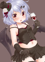Rule 34 | 1girl, bat wings, black gloves, blue hair, blush, bracelet, cup, drinking glass, female focus, gloves, hair ornament, hairclip, hat, holding, jewelry, navel, red eyes, remilia scarlet, simple background, skirt, solo, touhou, wine glass, wings, yukiu con