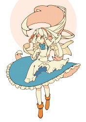 Rule 34 | 1girl, apron, blue dress, boots, brown cardigan, brown footwear, cardigan, collared dress, commentary request, dress, dressing, floating hair, frilled dress, frills, hairband, highres, jacket, jacket on shoulders, kagerou project, kozakura marry, long hair, long sleeves, orange eyes, orange hairband, parted bangs, sidelocks, simple background, solo, tenteko mai51, white apron, white background, white hair