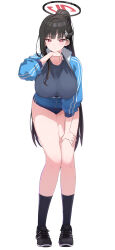 Rule 34 | 1girl, :o, absurdres, alternate costume, bare legs, black hair, black shirt, black socks, blue archive, blue buruma, blue jacket, blush, breasts, bright pupils, buruma, collarbone, full body, gym uniform, halo, hand on own thigh, highres, jacket, large breasts, leaning forward, long hair, looking at viewer, open clothes, open jacket, partially unzipped, pizzasi, ponytail, red eyes, rio (blue archive), shirt, shoes, simple background, sneakers, socks, solo, sweat, sweatdrop, very long hair