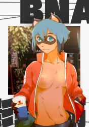 Rule 34 | 1girl, blue hair, brand new animal, breasts, furry, furry female, highres, jacket, kagemori michiru, looking at viewer, medium breasts, nihill, no bra, no shirt, open clothes, red jacket, solo, standing, tanuki, raccoon girl, upper body