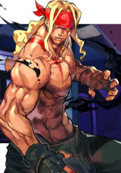 Rule 34 | 1boy, alex (street fighter), bandana, black gloves, blonde hair, capcom, fighting stance, fingerless gloves, gloves, green pants, hungry clicker, long hair, male focus, open mouth, pants, pectorals, red bandana, red eyes, solo, street fighter, topless male