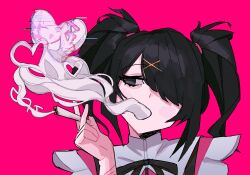 Rule 34 | 1girl, absurdres, ame-chan (needy girl overdose), black eyes, black hair, black ribbon, chouzetsusaikawa tenshi-chan, cigarette, collar, collared shirt, hair ornament, hair over one eye, hair tie, hairclip, hand up, heart, highres, holding, holding cigarette, joint (drug), neck ribbon, needy girl overdose, open mouth, pink background, red shirt, ribbon, scar, scar on arm, shirt, simple background, smoke, smoking, solo, twintails, upper body, white collar, x hair ornament, zaigrandeu