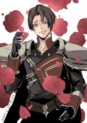 Rule 34 | 1boy, armor, brown hair, falling petals, fire emblem, fire emblem: three houses, flower, highres, male focus, metodey (fire emblem), nintendo, petals, red flower, red rose, rose, shoulder armor, solo, tongue, tongue out, umi ( oneinchswing), upper body, yellow eyes