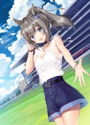 Rule 34 | 1girl, :d, animal ears, bare shoulders, belt, black choker, blue bow, blue eyes, blue shorts, blue sky, blush, bow, bracelet, buckle, camisole, choker, cloud, cloudy sky, commentary request, cowboy shot, day, dutch angle, grey hair, hair bow, hand in own hair, hand up, horse ears, horse girl, indie virtual youtuber, jewelry, long hair, looking at viewer, necklace, necomi, open mouth, original, outstretched arm, outstretched hand, ponytail, see-through, shorts, sidelocks, sky, smile, solo, spread fingers, stadium, virtual youtuber, watch, wristwatch