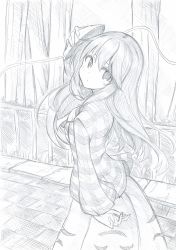 Rule 34 | 1girl, arm at side, bow, bowtie, brick, bubble skirt, closed mouth, commentary request, cowboy shot, expressionless, fence, forest, graphite (medium), greyscale, hair between eyes, hata no kokoro, highres, holding, long hair, long sleeves, looking at viewer, mahiro (akino-suisen), mask, mask on head, monochrome, nature, noh mask, one-hour drawing challenge, over shoulder, path, plaid, plaid shirt, road, shirt, skirt, solo, touhou, traditional media, tree