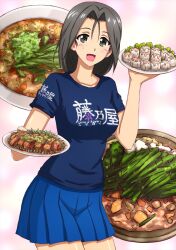 Rule 34 | 1girl, blue shirt, blue skirt, casual, clothes writing, commentary, cowboy shot, food, freckles, girls und panzer, grey eyes, grey hair, highres, holding, holding plate, long hair, looking at viewer, low ponytail, miniskirt, omachi (slabco), open mouth, piyotan (girls und panzer), plate, pleated skirt, ponytail, shirt, skirt, smile, solo, standing, t-shirt
