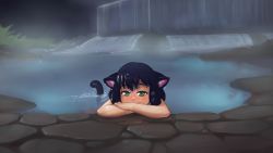 Rule 34 | 1girl, animal ears, cat ears, cat tail, cyan (show by rock!!), green eyes, night, nude, onsen, outdoors, paintrfiend, show by rock!!, solo, tail, water