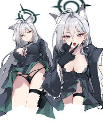 Rule 34 | 1girl, absurdres, ahoge, animal ear fluff, animal ears, black dress, black gloves, black panties, blue archive, blue eyes, blush, breasts, cleavage, clothes lift, cunnilingus gesture, dress, dress lift, extra ears, gloves, grey hair, hair behind ear, hair intakes, highres, large breasts, lifting own clothes, long hair, mismatched pupils, multiple views, open mouth, panties, parted lips, shigure s, shiroko (blue archive), shiroko terror (blue archive), tongue, tongue out, underwear, very long hair