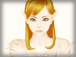 Rule 34 | 1girl, alien1452, bare shoulders, blonde hair, elf, grey eyes, lips, pale skin, pointy ears, solo
