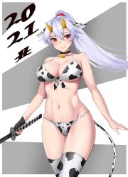 Rule 34 | 1girl, 2021, animal ears, animal print, bare shoulders, bell, bikini, black choker, border, breasts, chinese zodiac, choker, cleavage, collarbone, commentary, cow ears, cow girl, cow horns, cow print, english commentary, fake animal ears, fake tail, fate/grand order, fate (series), hair ornament, hair scrunchie, horns, large breasts, long hair, matrix16, navel, neck bell, new year, ponytail, print bikini, print thighhighs, red eyes, red scrunchie, scrunchie, silver hair, solo, swimsuit, tail, thighhighs, tomoe gozen (fate), two-tone background, white bikini, white border, white thighhighs, year of the ox