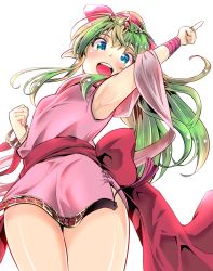 Rule 34 | 1girl, armpits, bare legs, bracelet, dress, fire emblem, fire emblem: mystery of the emblem, green eyes, green hair, hahe, highres, jewelry, long hair, nintendo, open mouth, pink dress, pointy ears, ponytail, short dress, simple background, solo, thick thighs, thighs, tiara, tiki (fire emblem), tiki (young) (fire emblem), white background