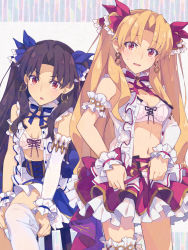 Rule 34 | 2girls, arm cuffs, black hair, blonde hair, bra, breasts, cleavage, corset, detached sleeves, earrings, ereshkigal (fate), ereshkigal (flower sunshine) (fate), fate/grand order, fate (series), flower sunshine, frilled ribbon, frills, highres, hoop earrings, idol clothes, infinity symbol, ishtar (fate), ishtar (flower sunshine) (fate), jewelry, light blush, long hair, looking at viewer, medium breasts, multiple girls, navel, open clothes, parted bangs, parted lips, red eyes, ribbon, saipaco, single detached sleeve, single sleeve, sweatdrop, thighhighs, tiara, two side up, underwear, undressing, very long hair, wrist cuffs