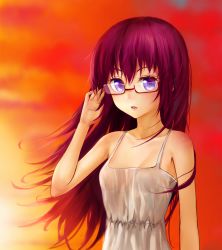 Rule 34 | 1girl, aki99, bare shoulders, female focus, glasses, highres, long hair, original, purple eyes, purple hair, solo, sunset, wind