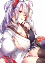 Rule 34 | 1girl, ahoge, azur lane, bad id, bad pixiv id, bikini, bikini bottom only, black bikini, black panties, black thighhighs, blurry, blush, breasts, bust cup, choker, cleavage, depth of field, female focus, head tilt, headgear, highres, japanese clothes, kaenuco, kimono, large breasts, licking lips, looking at viewer, mole, mole on breast, multicolored hair, nail polish, panties, prinz eugen (azur lane), prinz eugen (profusion of flowers) (azur lane), red hair, sideboob, silver hair, simple background, sitting, solo, swimsuit, thighhighs, tongue, tongue out, two side up, underwear, wakamezake, wavy hair, wet, white background, yellow eyes