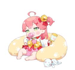 Rule 34 | 1girl, 35p (sakura miko), aged down, ahoge, baby, bell, blush, cherry blossom print, floral print, green eyes, hair bell, hair ornament, hairclip, hololive, machico maki, pacifier, paw print, paw print pattern, pink hair, sakura miko, sakura miko (1st costume), stuffed animal, stuffed toy, virtual youtuber, white background, x hair ornament