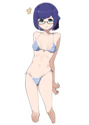 Rule 34 | 1girl, :d, ^^^, a-chan (hololive), absurdres, arms behind back, bikini, black-framed eyewear, blue eyes, blue hair, breasts, collarbone, commentary, cowboy shot, cropped legs, english commentary, feeq, highres, hololive, looking at viewer, medium breasts, navel, open mouth, semi-rimless eyewear, short hair, side-tie bikini bottom, simple background, smile, solo, striped bikini, striped clothes, swimsuit, under-rim eyewear, virtual youtuber, white background