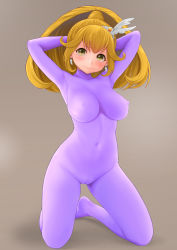 Rule 34 | 1girl, arms behind head, arms up, blonde hair, blush, bodysuit, breasts, brown background, cameltoe, cleft of venus, commentary request, covered erect nipples, covered navel, cure peace, duzimura, earrings, embarrassed, full body, hair ornament, highres, impossible clothes, jewelry, kise yayoi, kneeling, large breasts, long hair, looking at viewer, medium breasts, ponytail, precure, simple background, smile precure!, solo