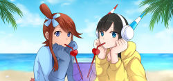 Rule 34 | 2girls, black hair, blue eyes, blue gloves, blunt bangs, cloud, commentary request, creatures (company), day, drinking straw, elesa (pokemon), game freak, glass, gloves, gym leader, hair ornament, head in hand, head rest, headphones, looking at viewer, mouth hold, multiple girls, nintendo, outdoors, palm tree, pandagirlz, pokemon, pokemon bw2, red hair, sand, shared drink, shell, shore, sidelocks, sky, skyla (pokemon), tree, water, yuri