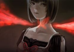Rule 34 | 1girl, amakura mio, black hair, brown eyes, bug, butterfly, closed mouth, fatal frame, fatal frame 2, gauss &lt;bokashi, insect, lips, looking at viewer, red ribbon, ribbon, short hair, solo