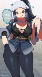 1girl, artist name, black hair, breasts, cleavage, english text, female protagonist (pokemon legends: arceus), grey eyes, heart, highres, kenron toqueen, large breasts, long hair, looking at viewer, pokemon (game), pokemon legends: arceus, ponytail, scarf, smile, solo, speech bubble, sweat, thick thighs, thighs, wide hips