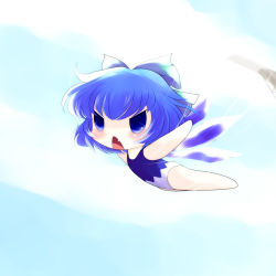Rule 34 | 1girl, blue eyes, blue hair, bow, chibi, cirno, falling, fang, hair bow, highres, matching hair/eyes, one-piece swimsuit, outstretched arms, solo, speed lines, spread arms, swimsuit, touhou, wings, yume shokunin