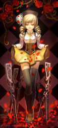 Rule 34 | 1girl, black thighhighs, blonde hair, boots, brown footwear, checkered background, collared shirt, corset, dress shirt, drill hair, flower, full body, gun, linghetuen, long hair, looking at viewer, mahou shoujo madoka magica, mahou shoujo madoka magica (anime), miniskirt, neck ribbon, petals, red flower, red rose, ribbon, rifle, rose, shirt, skirt, skirt hold, solo, standing, striped clothes, striped thighhighs, swept bangs, thighhighs, tomoe mami, twin drills, twintails, vertical-striped clothes, vertical-striped thighhighs, watermark, weapon, web address, white shirt, yellow eyes, yellow ribbon, yellow skirt, zettai ryouiki