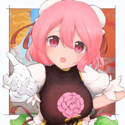 Rule 34 | 1girl, absurdres, bandaged arm, bandages, breasts, bun cover, carnation, cherry blossoms, double bun, eyebrows hidden by hair, flower, gold trim, hair bun, hand on own hip, highres, ibaraki kasen, large breasts, looking at viewer, nazawa (nother), open mouth, pink eyes, pink flower, pink hair, reaching, reaching towards viewer, short hair, solo, sweat, touhou, upper body
