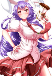 Rule 34 | 1girl, animal ears, blouse, breasts, carrot, closed mouth, collared shirt, contrapposto, eyelashes, food, hand on own hip, highres, holding, holding weapon, large breasts, lips, long hair, looking at viewer, lunatic gun, miniskirt, necktie, puffy short sleeves, puffy sleeves, purple hair, rabbit ears, red eyes, red necktie, red skirt, reisen udongein inaba, shirt, short sleeves, simple background, skirt, solo, standing, thighs, touhou, trigger discipline, vegetable, weapon, white background, white shirt, wing collar, zan (harukahime)