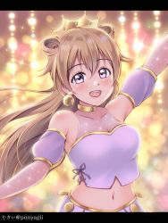 Rule 34 | 1girl, artist name, black border, blush, border, bracelet, breasts, brown hair, butterfly (love live!), choker, cleavage, close-up, closed mouth, clothing cutout, collarbone, cropped shirt, crown, detached sleeves, double bun, dress, dress shirt, earrings, female focus, floating hair, gold bracelet, hair between eyes, hair bun, hair rings, harem outfit, highres, jewelry, konoe kanata, long hair, looking at viewer, love live!, love live! nijigasaki high school idol club, love live! school idol festival, medium breasts, navel, parted lips, ponyagii, puffy short sleeves, puffy sleeves, purple eyes, purple shirt, purple shorts, shirt, short sleeves, shorts, shoulder cutout, smile, solo, sparkle, two side up, yellow bracelet, yellow choker