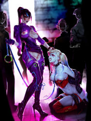 Rule 34 | 2girls, aleriia v, bdsm, belt collar, blonde hair, blue hair, bodysuit, bondage, bound, breastless clothes, breasts, breasts out, clenched teeth, clown, collar, crotch cutout, dc comics, femdom, freckles, harley quinn, high heels, highres, jacket, kneeling, leash, leather, leather jacket, makeup, multiple girls, nipple piercing, nippleless clothes, nipples, piercing, ponytail, punchline (dc), pussy, saliva, seductive smile, slave, smile, submission, teeth, thighhighs, torn clothes