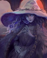 Rule 34 | 1girl, absurdres, blue eyes, cloak, closed mouth, colored skin, cracked skin, dress, elden ring, extra arms, extra faces, fur cloak, grey dress, grey skin, happeh, hat, highres, large hat, looking at viewer, one eye closed, own hands together, ranni the witch, sitting, smile, solo, white hat, witch hat
