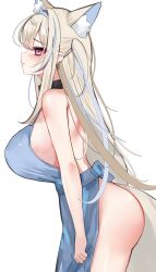 Rule 34 | 1girl, animal ear fluff, animal ears, apron, ass, bare arms, bare shoulders, black collar, blonde hair, blue apron, blue hair, blush, breasts, cat ears, closed mouth, collar, dog ears, dog girl, dog tail, dress, from side, fuwawa abyssgard, hair between eyes, highres, hololive, hololive english, large breasts, long hair, looking at viewer, multicolored hair, naked apron, pink eyes, purple eyes, rifufu, sideboob, sidelocks, simple background, sleeveless, smile, solo, standing, streaked hair, tail, thighs, two side up, very long hair, virtual youtuber, white background