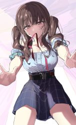 Rule 34 | 1girl, absurdres, belt, blue shirt, blush, breasts, brown hair, buttons, closed mouth, highres, large breasts, long hair, looking at viewer, miniskirt, mouth hold, original, pink ribbon, plaid, plaid skirt, red eyes, ribbon, ribbon in mouth, shirt, shirt tucked in, short sleeves, skirt, solo, standing, twintails, wata (attaka towel)