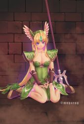 Rule 34 | 1girl, armor, blonde hair, blue eyes, bow, breasts, bridal gauntlets, carpet, cleavage, collarbone, crystal, dress, earrings, feather hair ornament, feathers, flag, glowing, green bow, green dress, hair bow, hair ornament, hands on thighs, headgear, indoors, jewelry, kirishima satoshi, long hair, looking at viewer, medium breasts, polearm, riesz, seiken densetsu, seiken densetsu 3, shoes, shoulder armor, sidelocks, sitting, sleeveless, sleeveless dress, smile, solo, strapless, strapless dress, trident, twitter username, very long hair, wall, wariza, weapon