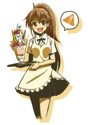 Rule 34 | 1girl, :d, apron, blush, brown eyes, brown hair, cherry, corona (knm), cowboy shot, cropped legs, food, fork, fruit, ice cream, knife, long hair, looking at viewer, natsuki tomosuke, open mouth, parfait, ponytail, simple background, skirt, smile, solo, speech bubble, spoken object, strawberry, taneshima popura, tray, very long hair, wafer stick, waitress, white background, working!!
