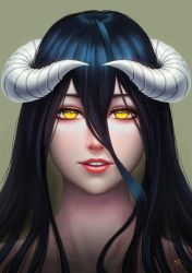 Rule 34 | 1girl, absurdres, albedo (overlord), black hair, collarbone, darkmuleth, demon girl, demon horns, eyebrows, eyelashes, hair between eyes, highres, horns, lips, long hair, looking at viewer, neck, nose, overlord (maruyama), parted lips, portrait, signature, simple background, slit pupils, solo, teeth, yellow eyes