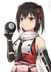 Rule 34 | 1girl, ball, black hair, black neckerchief, black skirt, breasts, brown eyes, buttons, double-breasted, elbow gloves, fingerless gloves, gloves, hair ornament, highres, holding, holding ball, kantai collection, medium breasts, neckerchief, scarf, school uniform, sendai (kancolle), sendai kai ni (kancolle), serafuku, skirt, sleeveless, solo, two side up, upper body, white scarf, zuikillme