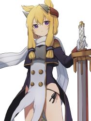 Rule 34 | 1girl, animal ears, azur lane, black dress, blonde hair, closed mouth, dress, gloves, highres, holding, holding sword, holding weapon, long hair, long sleeves, looking at viewer, purple eyes, scarf, simple background, solo, sweetpotatojelly, sword, warspite (azur lane), weapon, white background, white gloves, white scarf