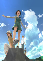 Rule 34 | 2boys, 2girls, ahoge, backpack, bag, baseball cap, black hair, brown hair, cliff, cloud, day, dress, from below, hair ornament, hairclip, hat, highres, hiking, light brown hair, long hair, long skirt, looking afar, looking to the side, multiple boys, multiple girls, neck ribbon, open mouth, original, outdoors, outstretched arms, ribbon, shoe soles, shoes, short dress, short hair, sitting, skirt, sky, sleeves rolled up, smile, somehira katsu, standing, standing on one leg, watch, wind, wristwatch