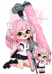 Rule 34 | 1girl, black nails, border, chibi, chibi inset, commentary request, commission, coula cat, dynamo roller (splatoon), eyelashes, hair ornament, highres, holding, holding phone, holding weapon, inkling, inkling girl, inkling player character, kneeling, long hair, multiple views, nintendo, open mouth, outside border, phone, pink background, pink eyes, pink hair, pointy ears, rabbit hair ornament, smile, splatoon (series), splatoon 3, teeth, tentacle hair, thank you, weapon, white border