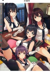 Rule 34 | 10s, 2016, 4girls, agano (kancolle), anchor symbol, antenna hair, black hair, black legwear, black necktie, braid, breasts, brown eyes, brown hair, brown legwear, calendar, character name, cleavage, couch, crop top, curtains, cushion, failure penguin, february, flipped hair, garter straps, gloves, green eyes, head rest, highres, holding, holding pen, indoors, kantai collection, knees up, konishi (koconatu), lamp, large breasts, leaning on person, long hair, looking at viewer, midriff, miniskirt, multiple girls, necktie, noshiro (kancolle), notebook, official art, on couch, open mouth, own hands together, parted lips, pen, pleated skirt, ponytail, purple hair, reclining, red eyes, red skirt, revision, sakawa (kancolle), school uniform, seigaiha, serafuku, shirt, short hair, sidelocks, single thighhigh, sitting, skirt, sleeveless, sleeveless shirt, smile, stuffed toy, thighhighs, twin braids, watermark, white gloves, white shirt, window, yahagi (kancolle)