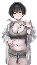 Rule 34 | 1girl, absurdres, black hair, blue eyes, blush, brand name imitation, breasts, calvin klein, cleavage, grey shorts, grey sports bra, gwan-e, highres, large breasts, long sleeves, looking at viewer, navel, open mouth, original, shirt, short hair, short shorts, shorts, simple background, small sweatdrop, solo, sports bra, tattoo, wavy mouth, white background, white shirt