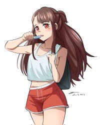 Rule 34 | 1girl, bag, bare shoulders, brown hair, collarbone, commentary, cropped shirt, dated, english commentary, food, highres, holding, holding bag, holding food, holding popsicle, kagari atsuko, little witch academia, long hair, midriff, navel, popsicle, red eyes, red shorts, shirt, short shorts, shorts, signature, simple background, solo, standing, white background, white shirt, yu kiyo enjoyer