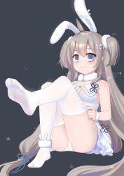 Rule 34 | smile, animal ears, ankle strap, armband, azur lane, bare arms, blue eyes, blue ribbon, blush, closed mouth, dress, feet, foot up, frilled dress, frills, full body, fur collar, grey hair, hair between eyes, hair ornament, hair ribbon, highres, legs, legs up, long hair, looking at viewer, low-tied long hair, panties, rabbit ears, ribbon, scrunchie, simple background, sitting, sleeveless, smile, soles, thighhighs, thighhighs pull, thighs, toes, two side up, umikaze (azur lane), underwear, very long hair, white dress, white legwear, white panties, xiao shi lullaby