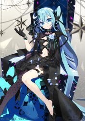 Rule 34 | alternate costume, black footwear, black gloves, blue eyes, blue hair, commentary request, gloves, hatsune miku, hatsune miku graphy collection, highres, long hair, miku day, negi (ulog&#039;be), parted lips, partial commentary, single thighhigh, sitting, thighhighs, twintails, very long hair, vocaloid