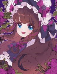 Rule 34 | 1girl, :d, black headwear, blue eyes, blush, bonnet, braid, brown hair, chuu0105, commentary, fang, flower, kurosu aroma, lolita fashion, long hair, looking at viewer, multicolored hair, open mouth, pretty series, pripara, purple flower, purple hair, purple ribbon, purple rose, ribbon, rose, smile, solo, streaked hair, symbol-only commentary, twin braids, upper body